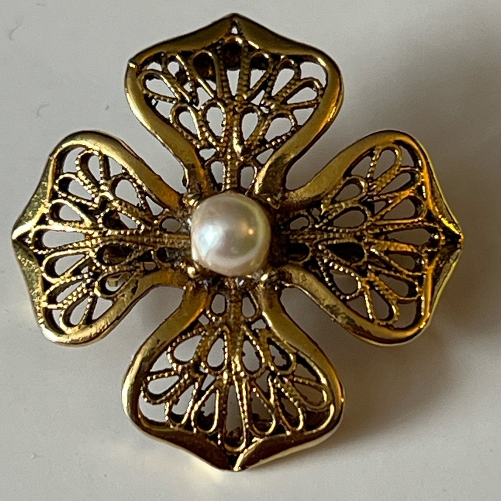 Tacoa Elegant Gold Filigree Pearl Brooch Floral Pin